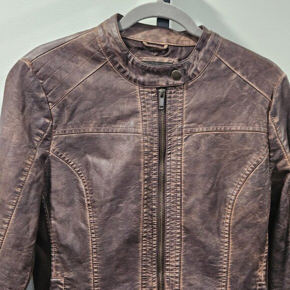 Maurices Faux Leather Moto Short Jacket Brown Size Large Zip Up Biker - Picture 2 of 16